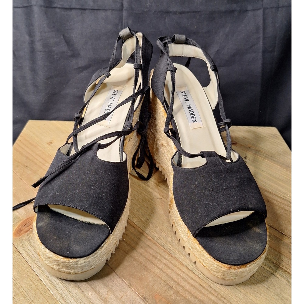 Steve Madden Black Lace Up Wedge Espadrille Platform Sandals Womens
